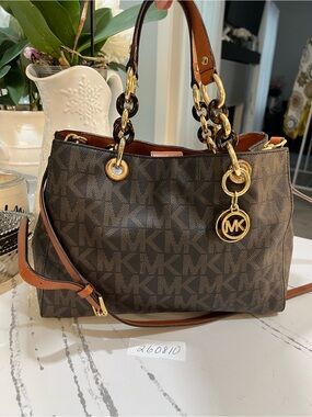 Michael Kors Brown MK Signature Shoulder Bag with Gold Hardware